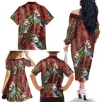 Australia Christmas Family Matching Off The Shoulder Long Sleeve Dress and Hawaiian Shirt Kookaburra Santa on Red Bottlebrush