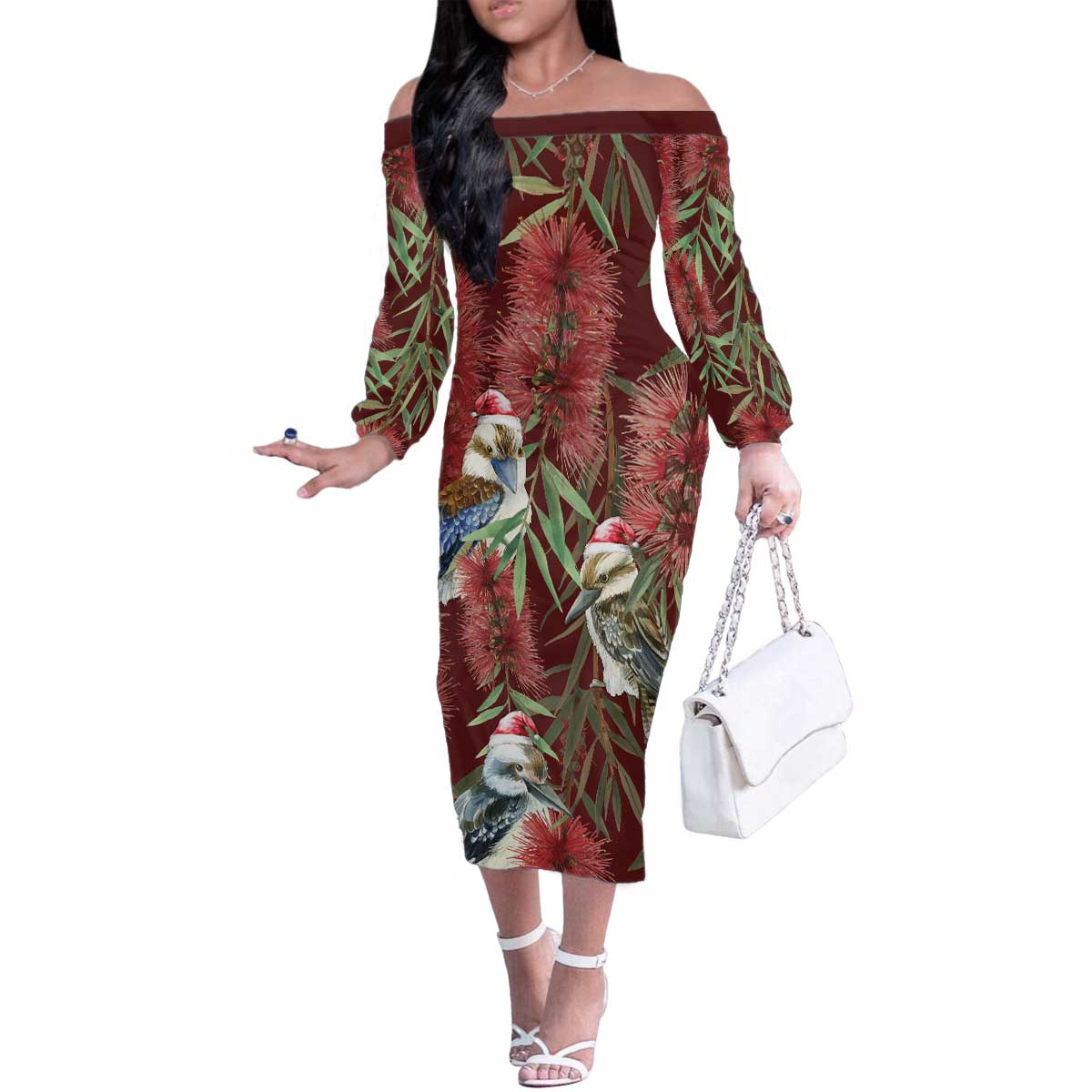 Australia Christmas Family Matching Off The Shoulder Long Sleeve Dress and Hawaiian Shirt Kookaburra Santa on Red Bottlebrush