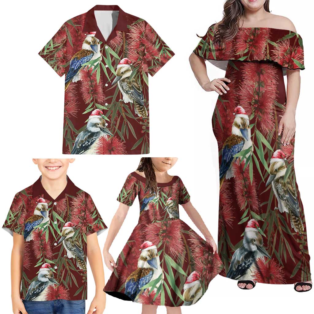 Australia Christmas Family Matching Off Shoulder Maxi Dress and Hawaiian Shirt Kookaburra Santa on Red Bottlebrush