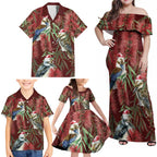 Australia Christmas Family Matching Off Shoulder Maxi Dress and Hawaiian Shirt Kookaburra Santa on Red Bottlebrush