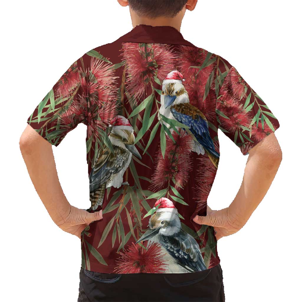 Australia Christmas Family Matching Off Shoulder Maxi Dress and Hawaiian Shirt Kookaburra Santa on Red Bottlebrush