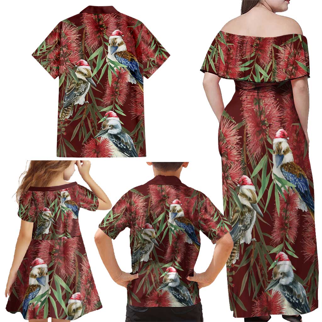 Australia Christmas Family Matching Off Shoulder Maxi Dress and Hawaiian Shirt Kookaburra Santa on Red Bottlebrush