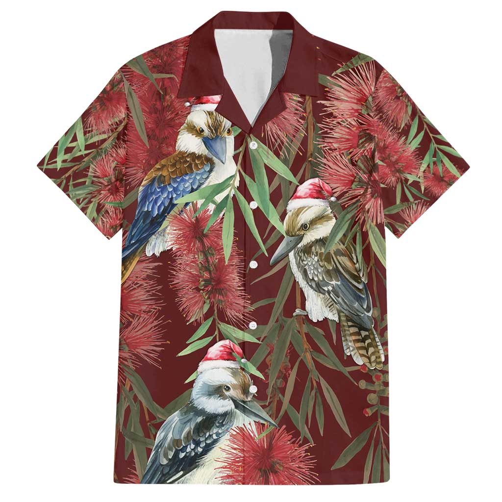 Australia Christmas Family Matching Off Shoulder Maxi Dress and Hawaiian Shirt Kookaburra Santa on Red Bottlebrush