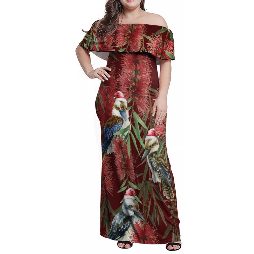 Australia Christmas Family Matching Off Shoulder Maxi Dress and Hawaiian Shirt Kookaburra Santa on Red Bottlebrush