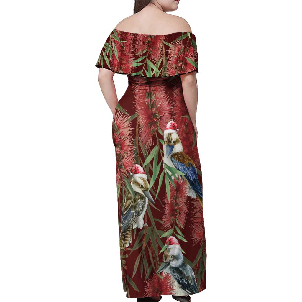 Australia Christmas Family Matching Off Shoulder Maxi Dress and Hawaiian Shirt Kookaburra Santa on Red Bottlebrush