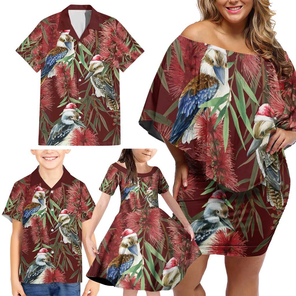 Australia Christmas Family Matching Off Shoulder Short Dress and Hawaiian Shirt Kookaburra Santa on Red Bottlebrush