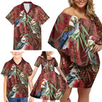 Australia Christmas Family Matching Off Shoulder Short Dress and Hawaiian Shirt Kookaburra Santa on Red Bottlebrush