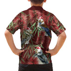 Australia Christmas Family Matching Off Shoulder Short Dress and Hawaiian Shirt Kookaburra Santa on Red Bottlebrush
