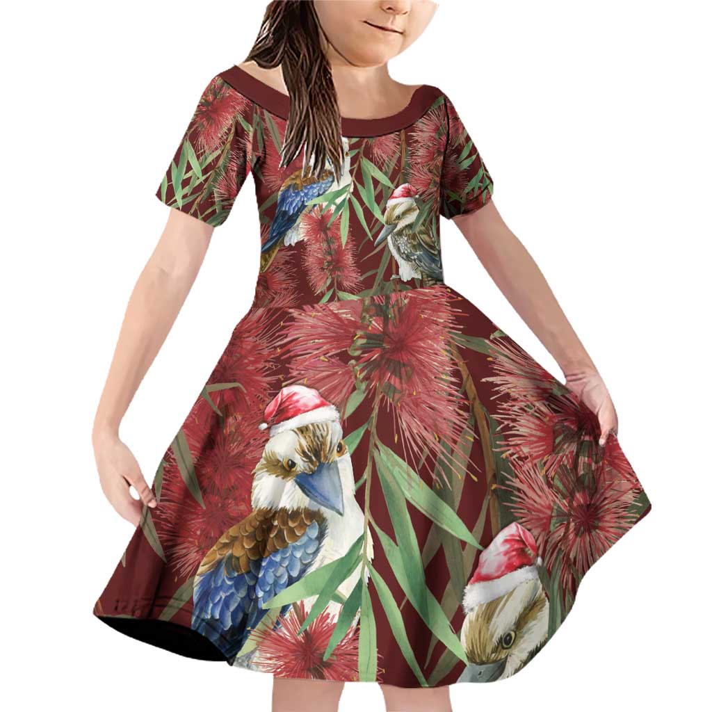 Australia Christmas Family Matching Off Shoulder Short Dress and Hawaiian Shirt Kookaburra Santa on Red Bottlebrush