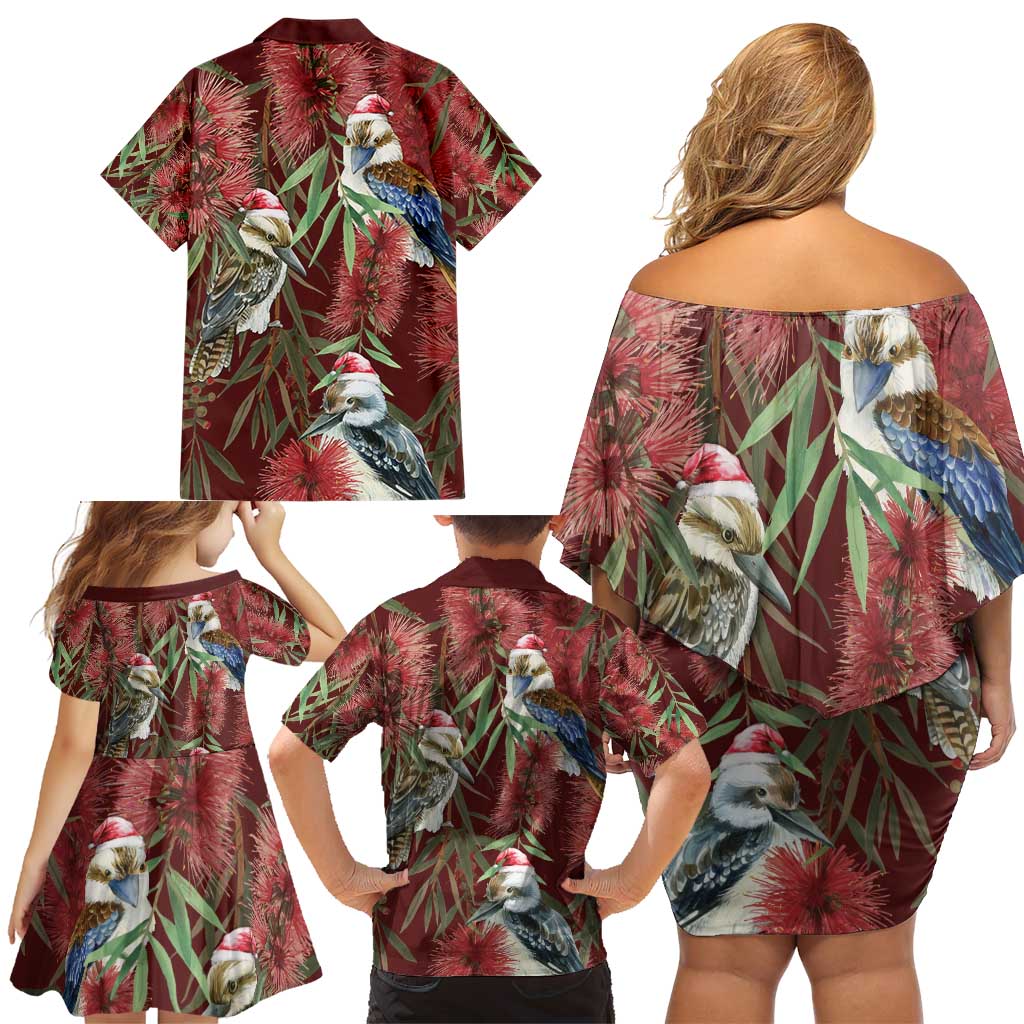 Australia Christmas Family Matching Off Shoulder Short Dress and Hawaiian Shirt Kookaburra Santa on Red Bottlebrush