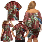 Australia Christmas Family Matching Off Shoulder Short Dress and Hawaiian Shirt Kookaburra Santa on Red Bottlebrush