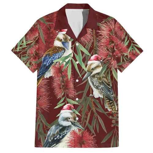 Australia Christmas Family Matching Off Shoulder Short Dress and Hawaiian Shirt Kookaburra Santa on Red Bottlebrush