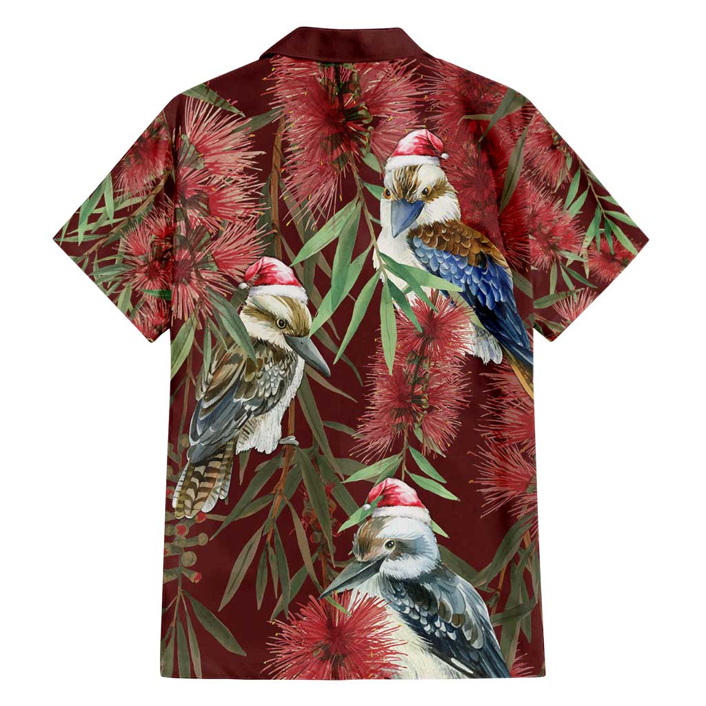 Australia Christmas Family Matching Off Shoulder Short Dress and Hawaiian Shirt Kookaburra Santa on Red Bottlebrush