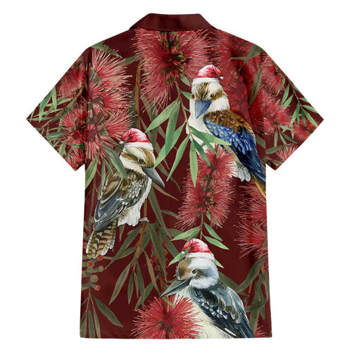Australia Christmas Family Matching Off Shoulder Short Dress and Hawaiian Shirt Kookaburra Santa on Red Bottlebrush
