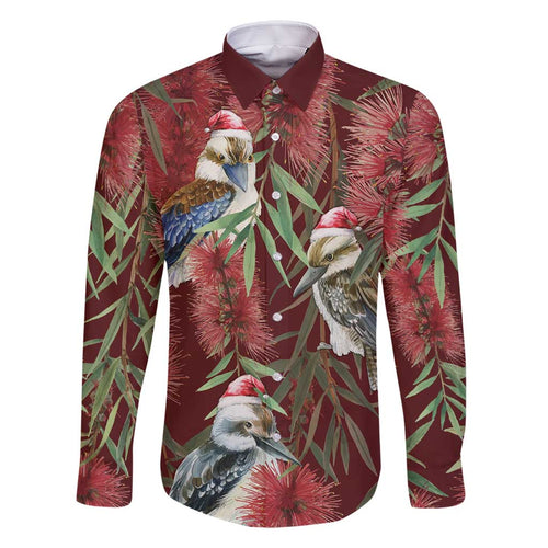 Australia Christmas Family Matching Off Shoulder Short Dress and Hawaiian Shirt Kookaburra Santa on Red Bottlebrush