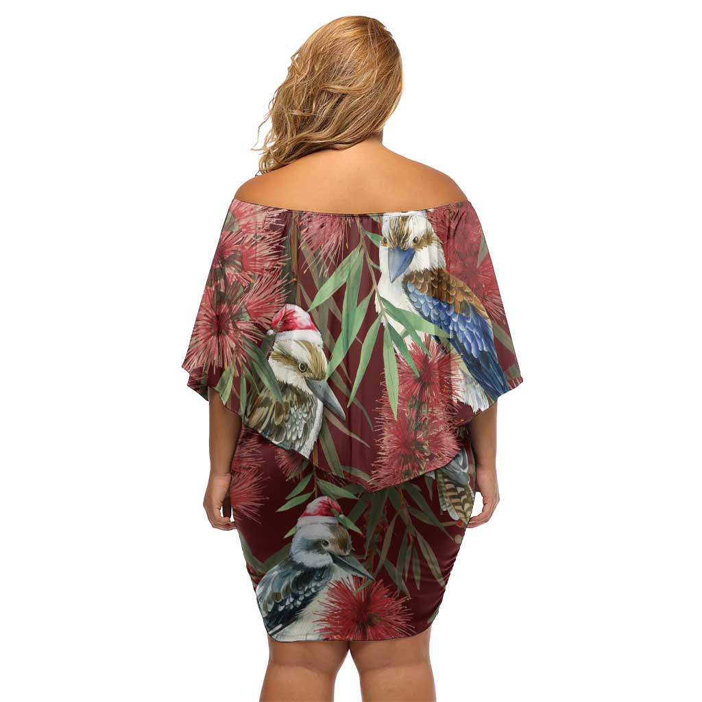 Australia Christmas Family Matching Off Shoulder Short Dress and Hawaiian Shirt Kookaburra Santa on Red Bottlebrush