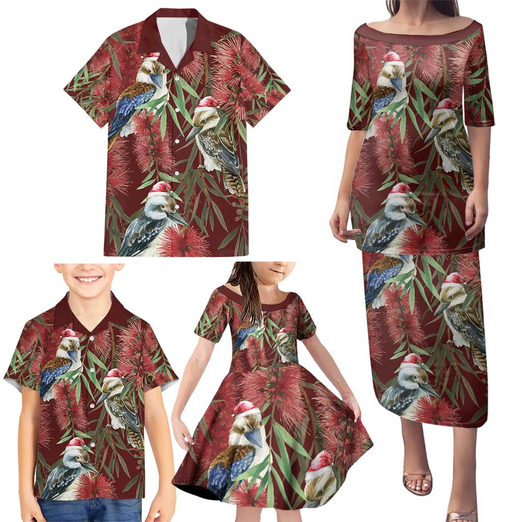 Australia Christmas Family Matching Puletasi and Hawaiian Shirt Kookaburra Santa on Red Bottlebrush