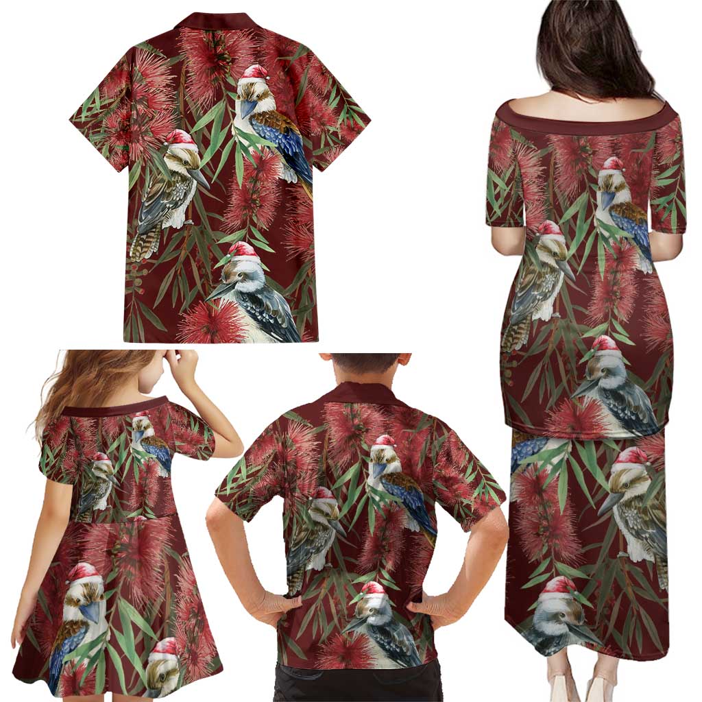 Australia Christmas Family Matching Puletasi and Hawaiian Shirt Kookaburra Santa on Red Bottlebrush