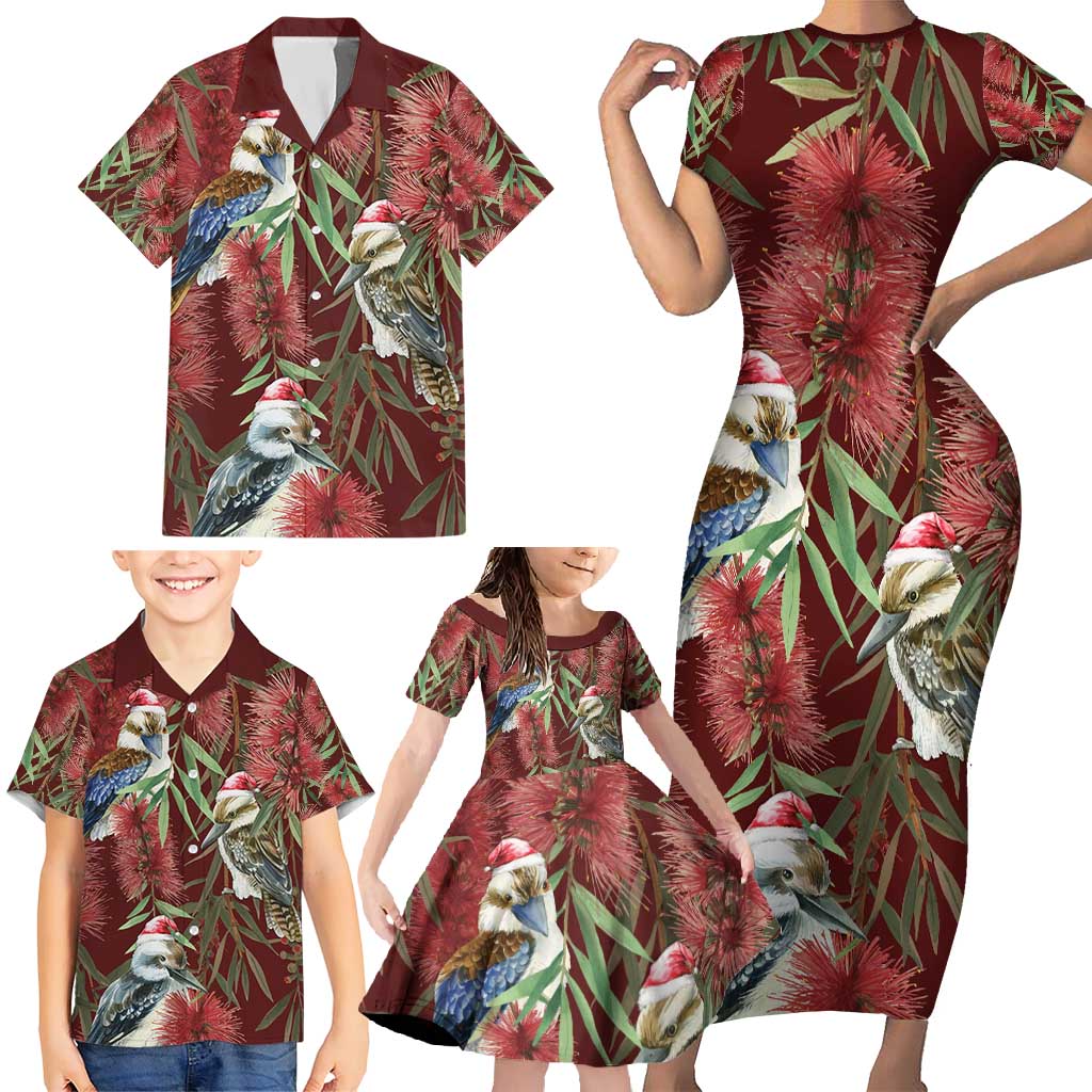 Australia Christmas Family Matching Short Sleeve Bodycon Dress and Hawaiian Shirt Kookaburra Santa on Red Bottlebrush