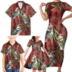 Australia Christmas Family Matching Short Sleeve Bodycon Dress and Hawaiian Shirt Kookaburra Santa on Red Bottlebrush