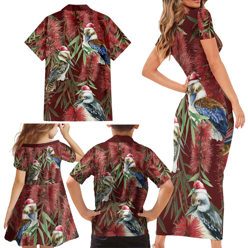 Australia Christmas Family Matching Short Sleeve Bodycon Dress and Hawaiian Shirt Kookaburra Santa on Red Bottlebrush