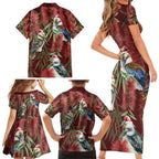 Australia Christmas Family Matching Short Sleeve Bodycon Dress and Hawaiian Shirt Kookaburra Santa on Red Bottlebrush