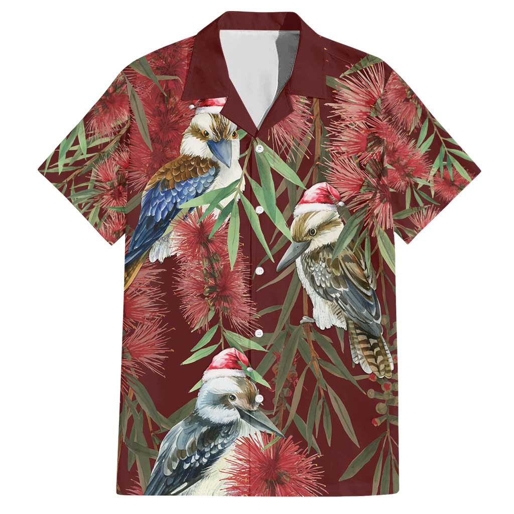 Australia Christmas Family Matching Short Sleeve Bodycon Dress and Hawaiian Shirt Kookaburra Santa on Red Bottlebrush