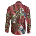 Australia Christmas Family Matching Short Sleeve Bodycon Dress and Hawaiian Shirt Kookaburra Santa on Red Bottlebrush