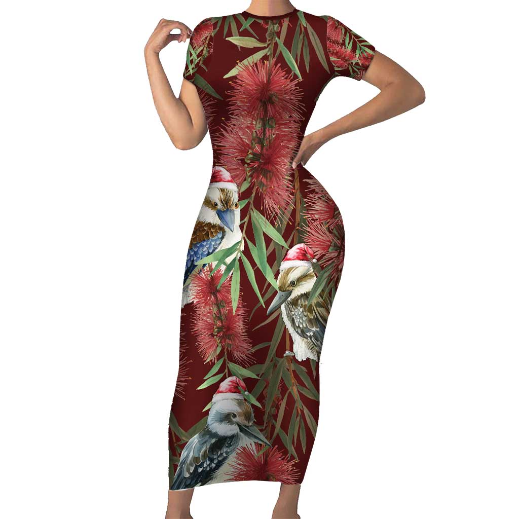 Australia Christmas Family Matching Short Sleeve Bodycon Dress and Hawaiian Shirt Kookaburra Santa on Red Bottlebrush