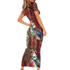 Australia Christmas Family Matching Short Sleeve Bodycon Dress and Hawaiian Shirt Kookaburra Santa on Red Bottlebrush