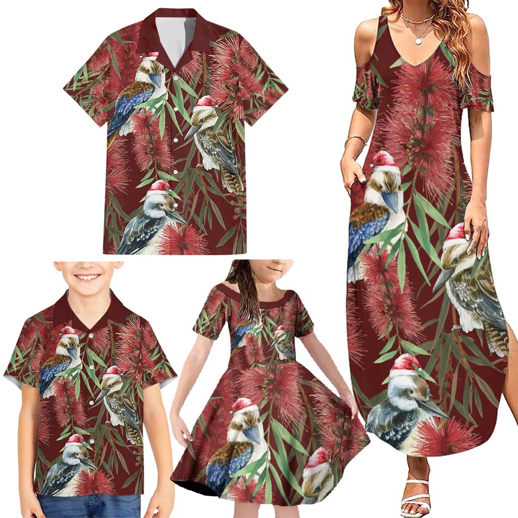 Australia Christmas Family Matching Summer Maxi Dress and Hawaiian Shirt Kookaburra Santa on Red Bottlebrush