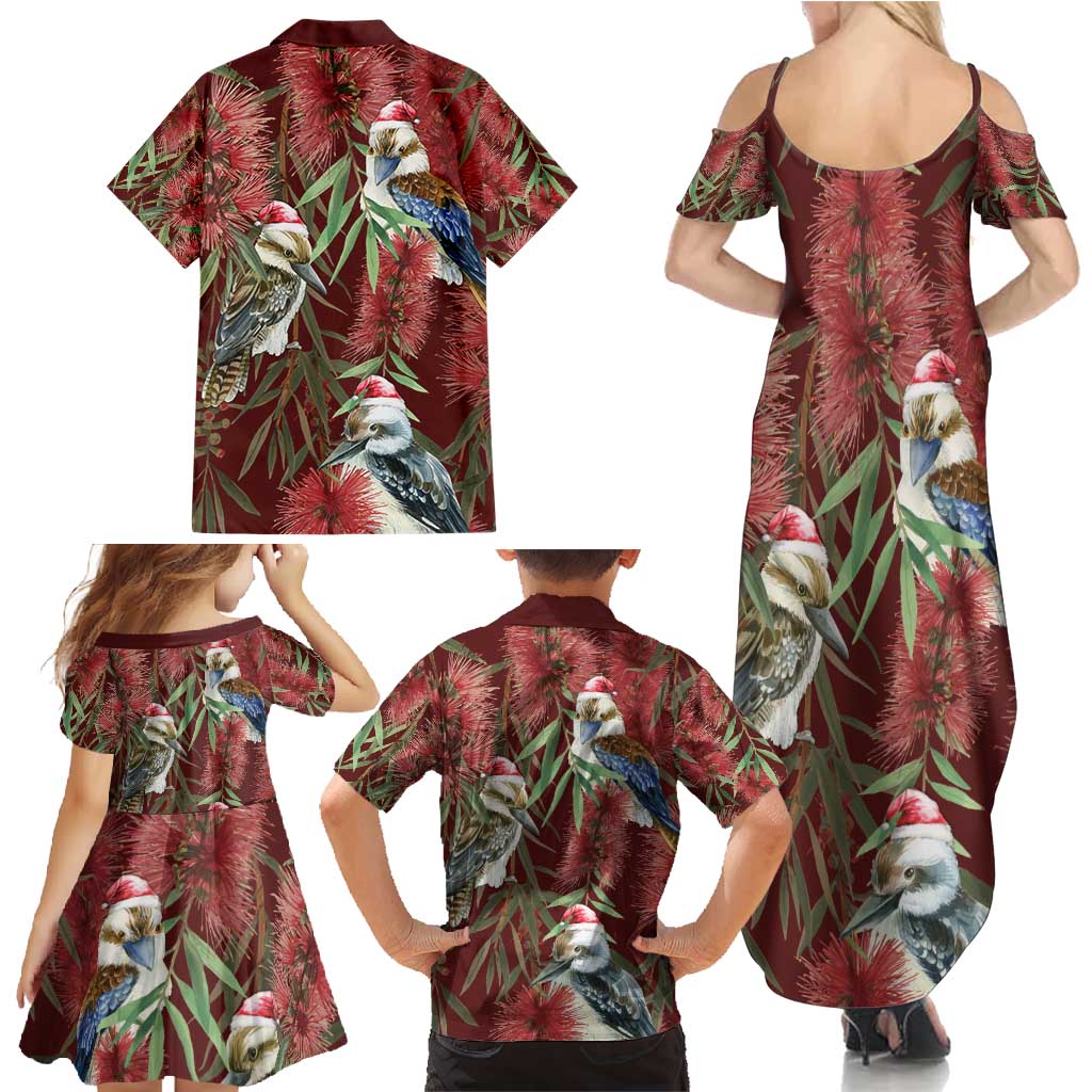 Australia Christmas Family Matching Summer Maxi Dress and Hawaiian Shirt Kookaburra Santa on Red Bottlebrush
