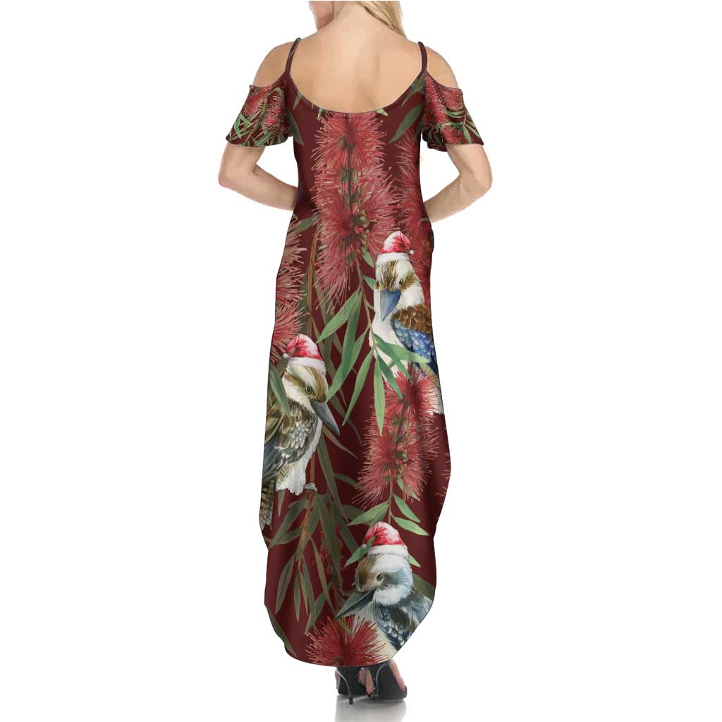 Australia Christmas Family Matching Summer Maxi Dress and Hawaiian Shirt Kookaburra Santa on Red Bottlebrush