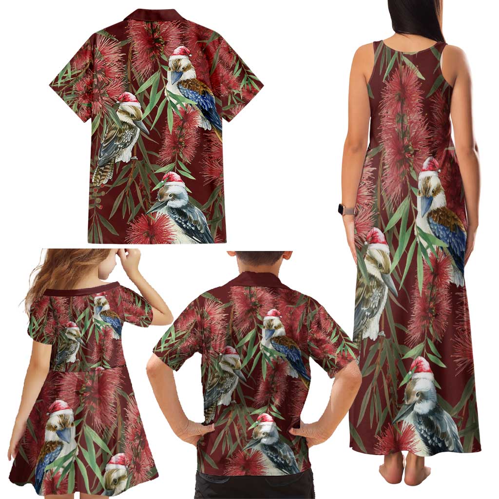 Australia Christmas Family Matching Tank Maxi Dress and Hawaiian Shirt Kookaburra Santa on Red Bottlebrush
