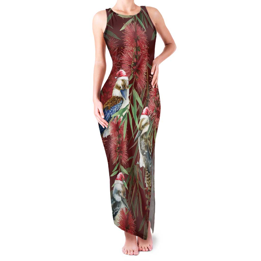 Australia Christmas Family Matching Tank Maxi Dress and Hawaiian Shirt Kookaburra Santa on Red Bottlebrush