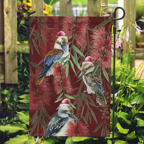 Australia Christmas Garden Flag Kookaburra Santa on Red Bottlebrush