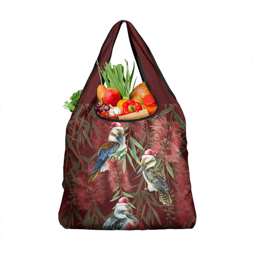 Australia Christmas Grocery Bag Kookaburra Santa on Red Bottlebrush