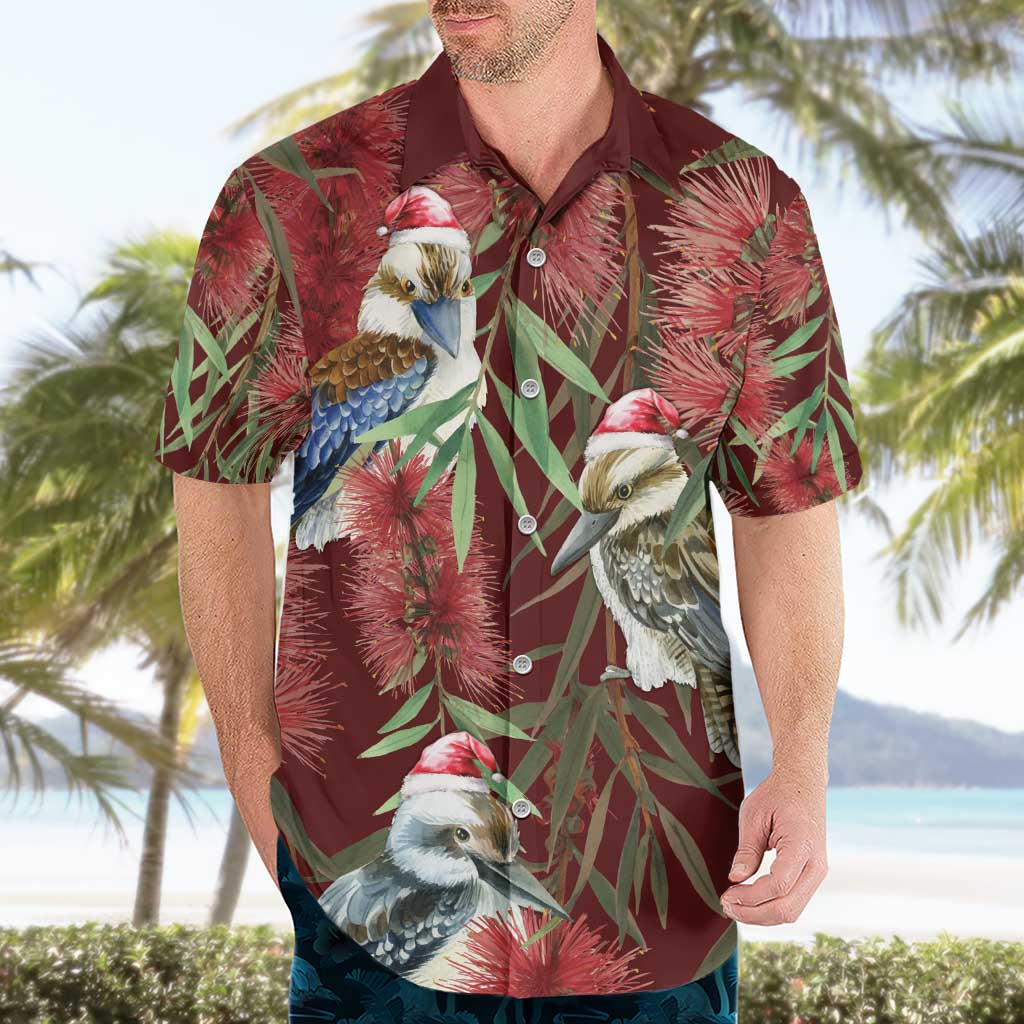 Australia Christmas Hawaiian Shirt Kookaburra Santa on Red Bottlebrush