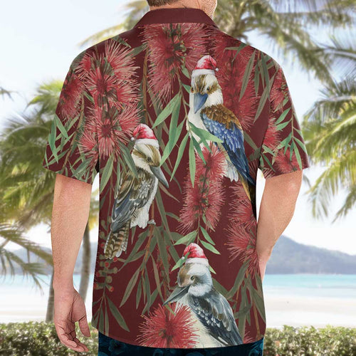 Australia Christmas Hawaiian Shirt Kookaburra Santa on Red Bottlebrush