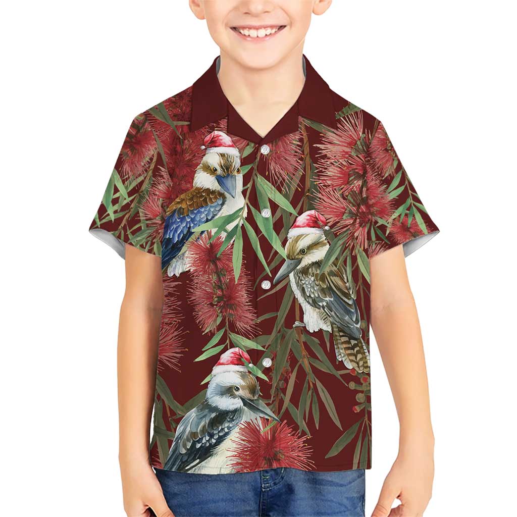 Australia Christmas Hawaiian Shirt Kookaburra Santa on Red Bottlebrush