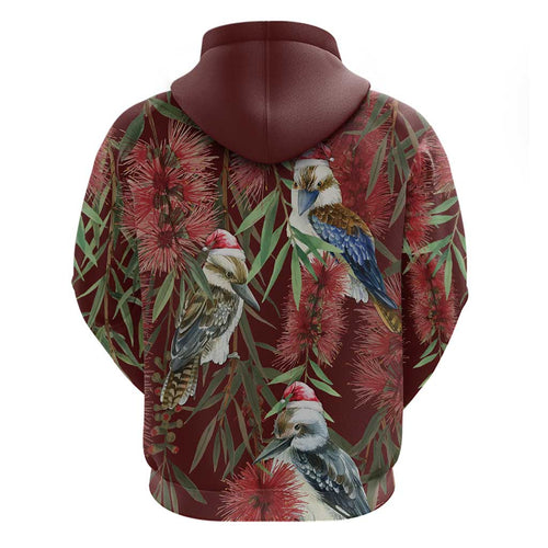 Australia Christmas Hoodie Kookaburra Santa on Red Bottlebrush
