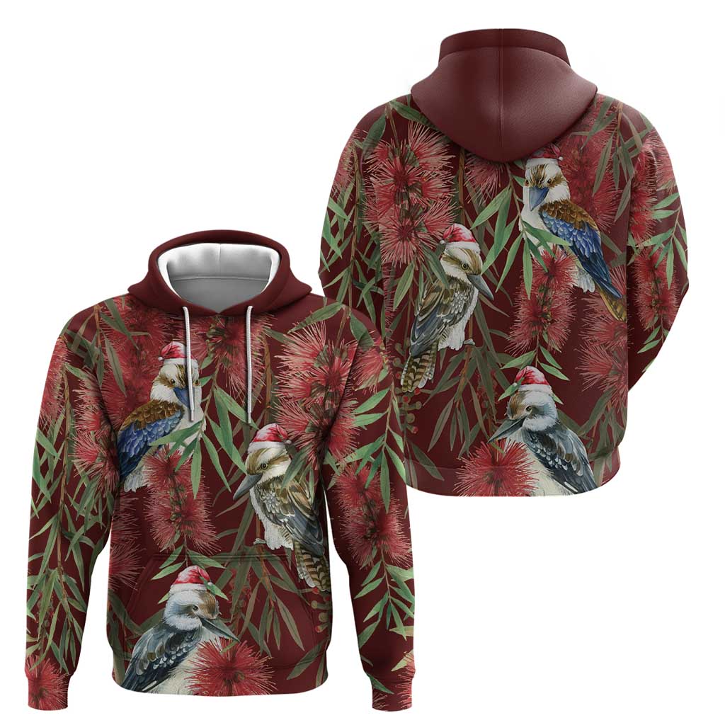Australia Christmas Hoodie Kookaburra Santa on Red Bottlebrush