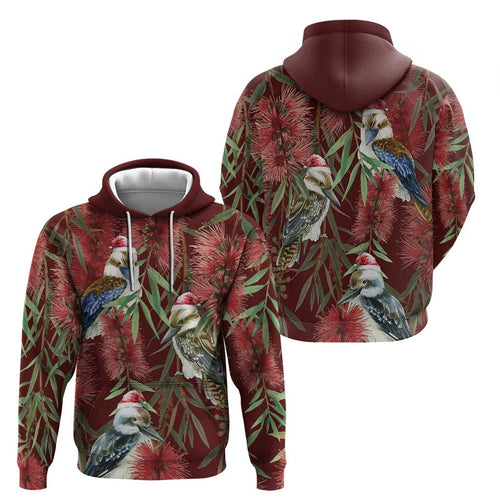 Australia Christmas Hoodie Kookaburra Santa on Red Bottlebrush