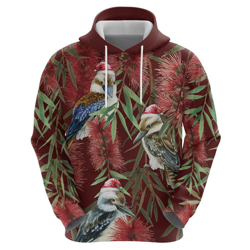 Australia Christmas Hoodie Kookaburra Santa on Red Bottlebrush
