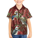 Australia Christmas Kid Hawaiian Shirt Kookaburra Santa on Red Bottlebrush