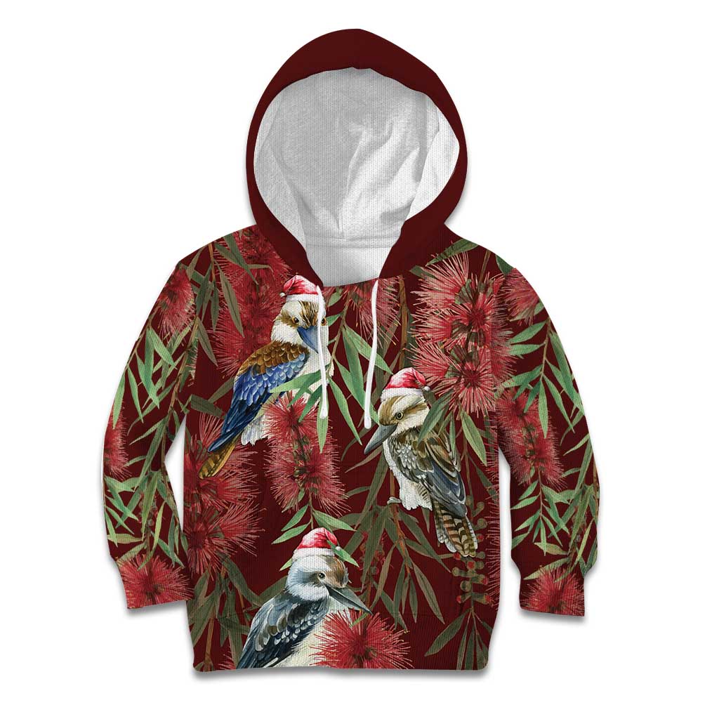 Australia Christmas Kid Hoodie Kookaburra Santa on Red Bottlebrush
