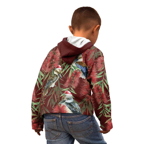Australia Christmas Kid Hoodie Kookaburra Santa on Red Bottlebrush