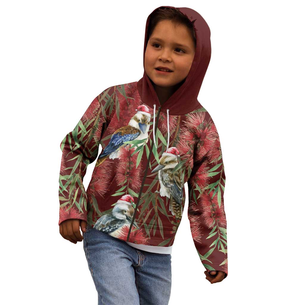 Australia Christmas Kid Hoodie Kookaburra Santa on Red Bottlebrush