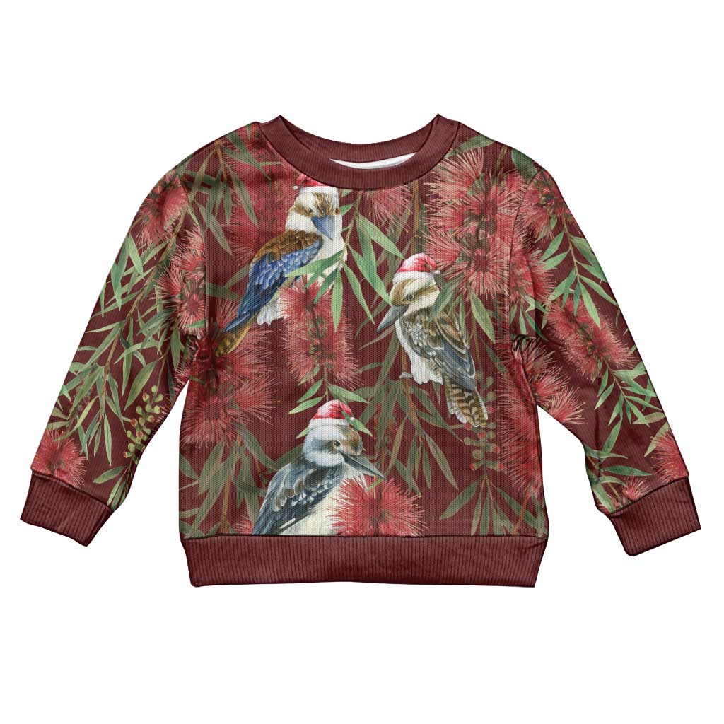 Australia Christmas Kid Ugly Christmas Sweater Kookaburra Santa on Red Bottlebrush