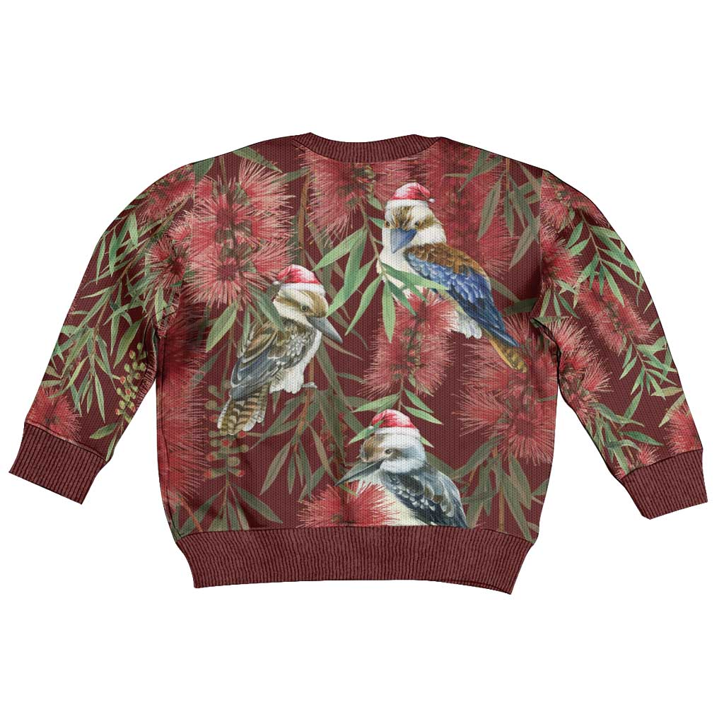 Australia Christmas Kid Ugly Christmas Sweater Kookaburra Santa on Red Bottlebrush